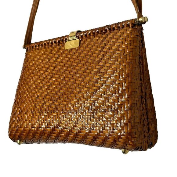 Vintage Brown Wicker Clutch Purse Crossbody Italy Rattan Bamboo Gold Hardware - Picture 5 of 16